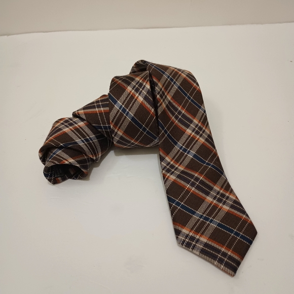 The Tie Bar Silk Wool Diagonal Brown Orange Blue Plaid Men's Skinny Necktie - Picture 2 of 12
